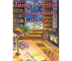 Cover of Long Overdue at the Lakeside Library by Holly Danvers. the picture shows the interior of a library. The tall window shows it is snowing outside.